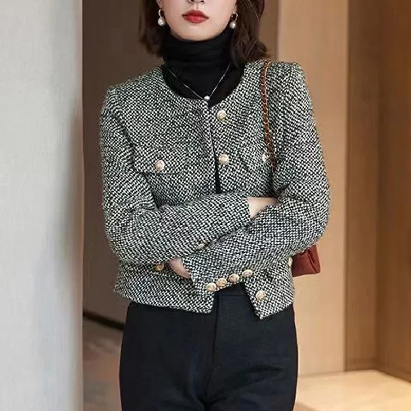 

Women Fashion Elegant Vintage All-match Coat 2025 Spring Autumn New Solid Color Round Neck Long Sleeve Patchwork Button Jacket