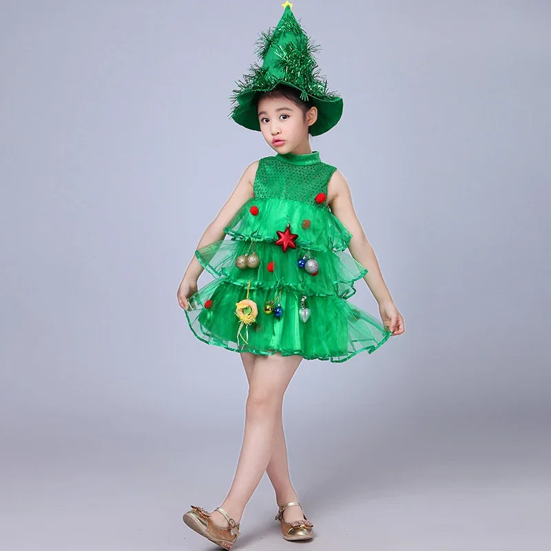 Girl Kids Green Christmas Tree Costume Hat Dress Tops Party Outfits Elf Cosplay Baby Shower Kindergarten Performance Costumes