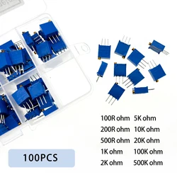 100Pcs 3296W Multiturn Trimmer Potentiometer 100R 200R 500R 1K 2K 5K 10K 20K 100K 500K Ohm Variable Resistor Box Kit