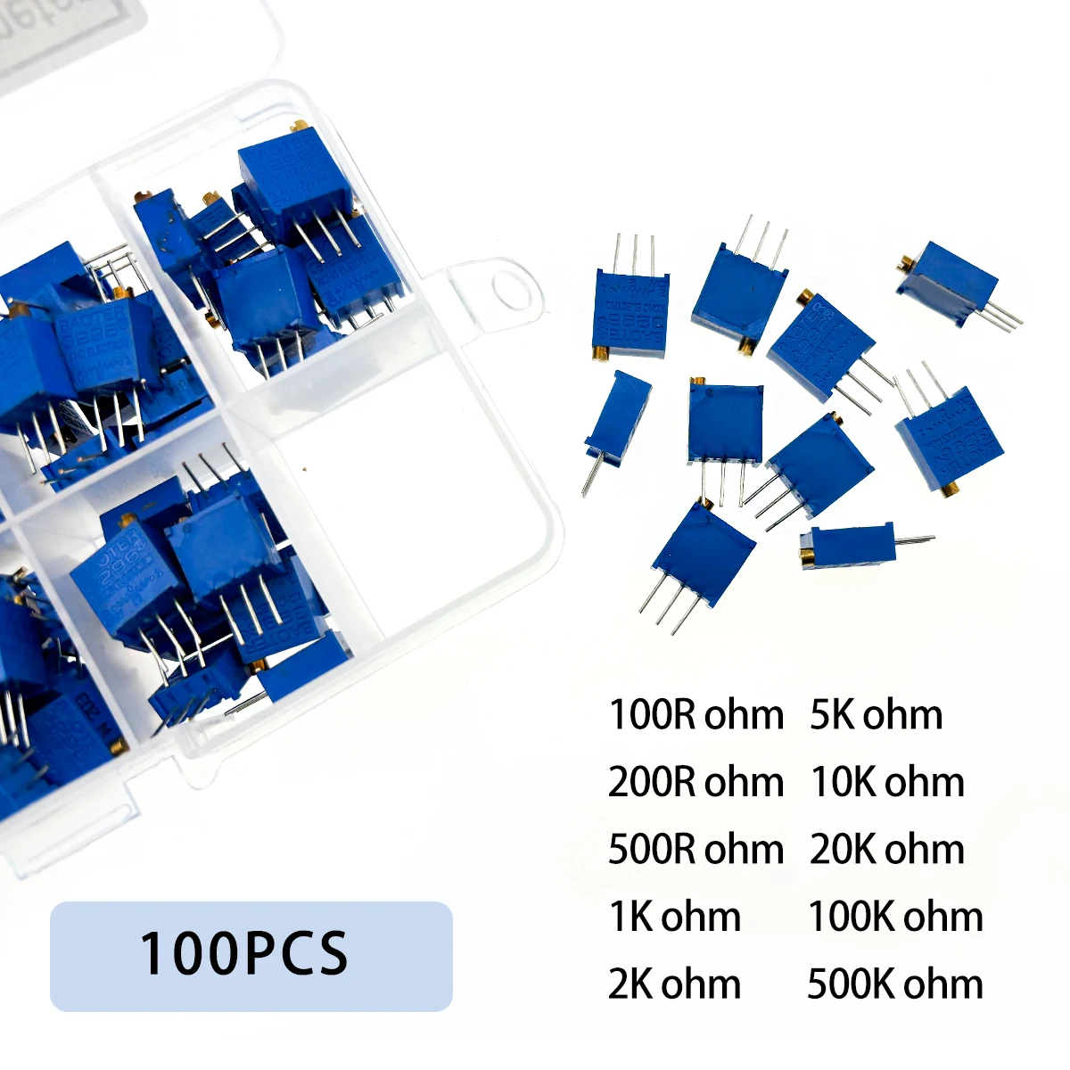 100Pcs 3296W Multiturn Trimmer Potentiometer 100R 200R 500R 1K 2K 5K 10K 20K 100K 500K Ohm Variable Resistor Box Kit