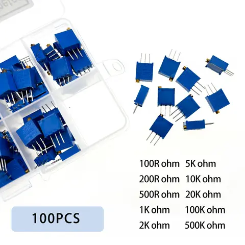 100Pcs 3296W Multiturn Trimmer Potentiometer 100R 200R 500R 1K 2K 5K 10K 20K 100K 500K Ohm Variable Resistor Box Kit