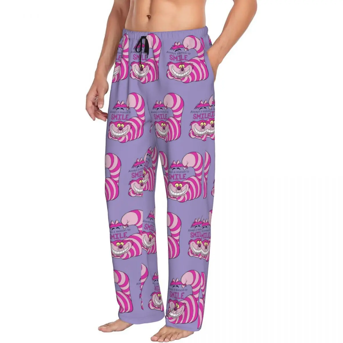 Pantalones de pijama de gato de Cheshire personalizados para hombres cómic Alice Wonderland dibujos animados salón dormir ropa de dormir con cordón pantalones con bolsillos