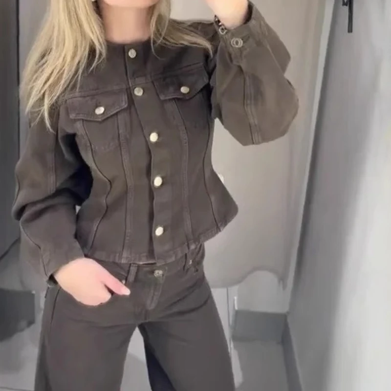 

2025 New Women's Fashion Retro Slim Single-Breasted Denim Suit Wide-Leg Pants