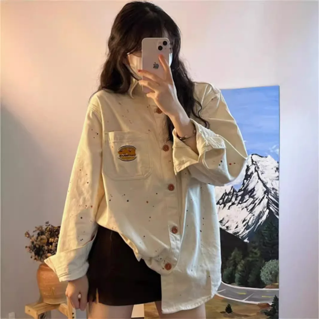 Camicia di jeans Cappotto Giacca da donna con stampa monopetto Tasche con colletto rovesciato Lavato Streetwear Top Overshirt 2025 Autunno