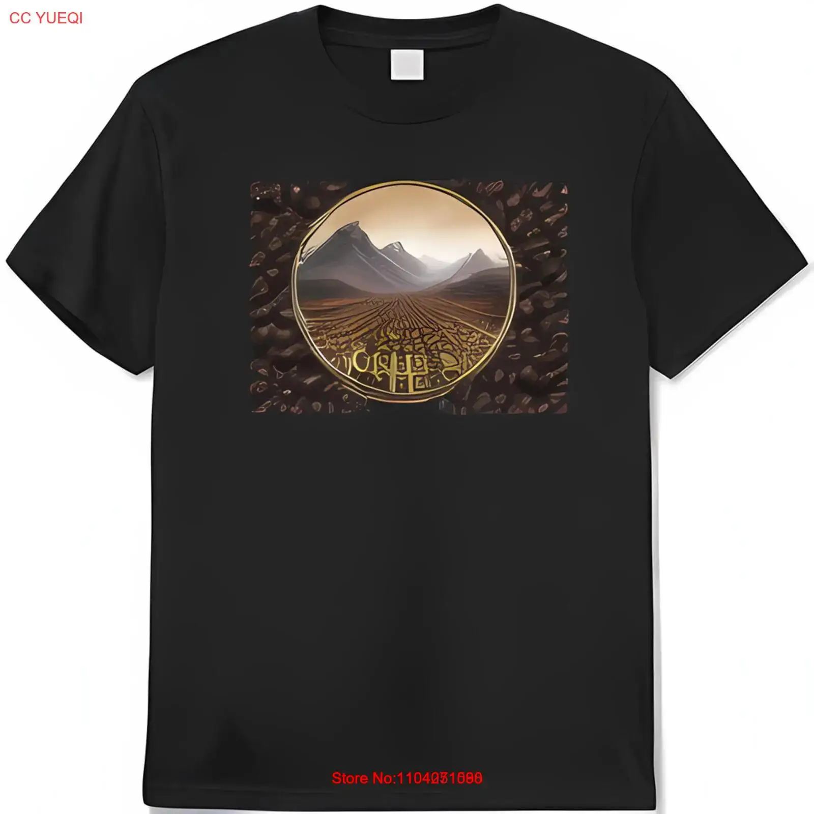 Retro Black T-Shirt with Scenic Mountain and Field Graphic in Gold Circle