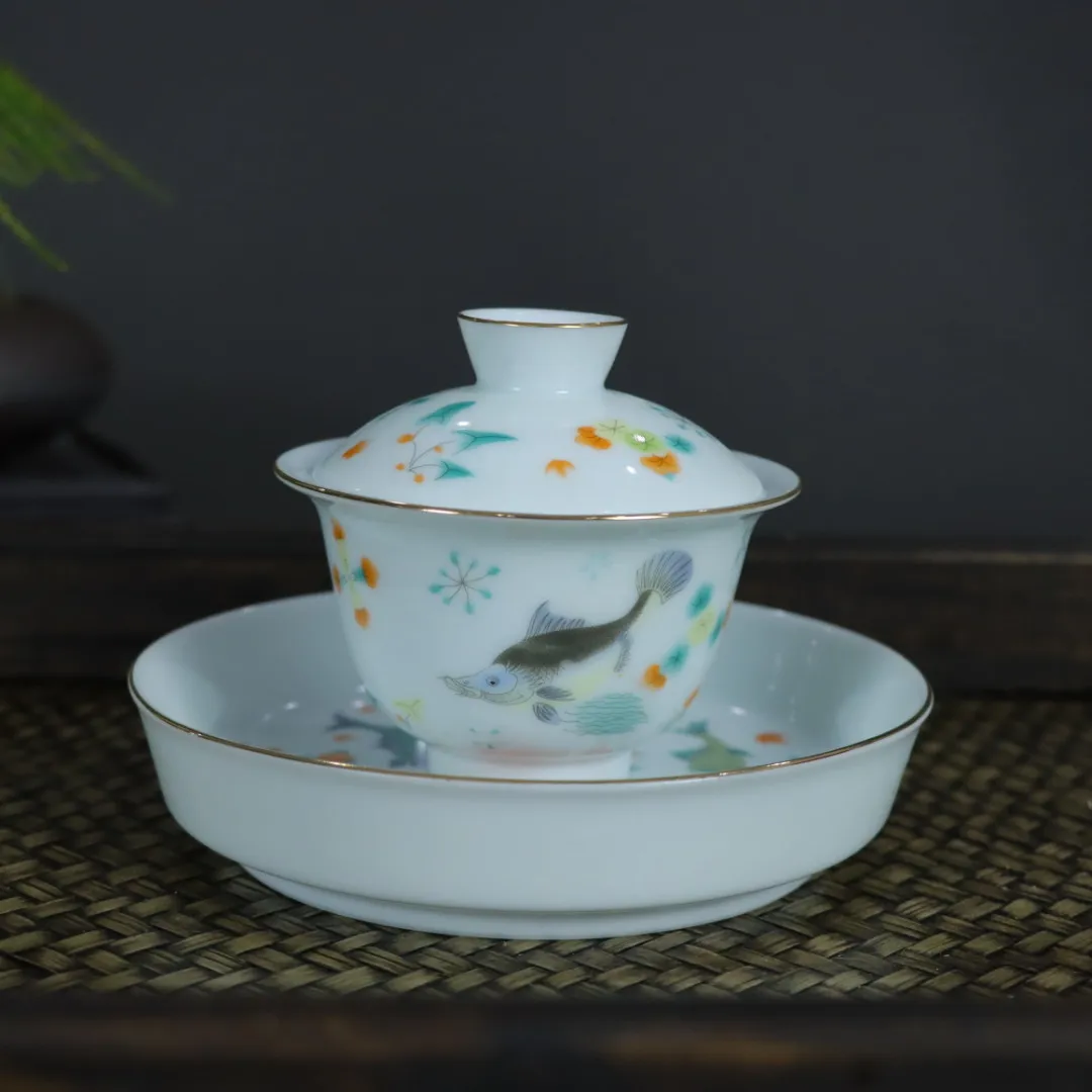 

Tea set, Sancai covered bowl, Jingdezhen powder colored glazed fish bath pattern porcelain, Kung Fu tea, single tea bowl,