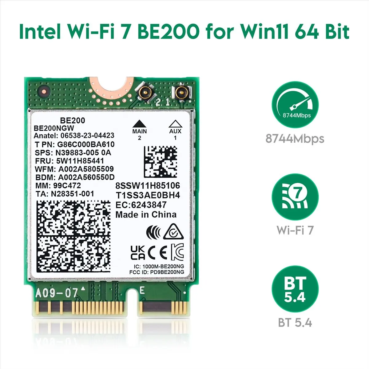 Nouvelle Carte Réseau WiFi7 828new BE200, Adaptateur WiFi 8000 Mbps, Bluetooth 5.4 Tri-Bande 2.4G/5G/6GHz, Adaptateur Sans Fil M.2 NGFF BE200NGW