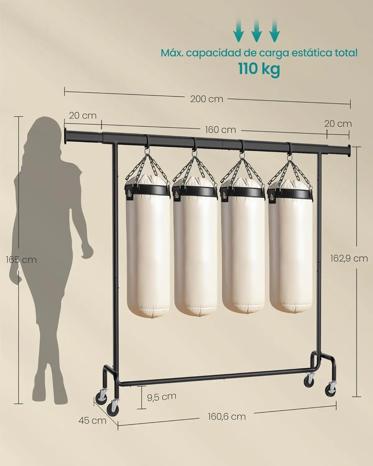 Burro Ropa con Ruedas, Perchero Burro Extensible con Carga Pesada, Capacidad de Carga de 110 kg,Plata/Negro Mate