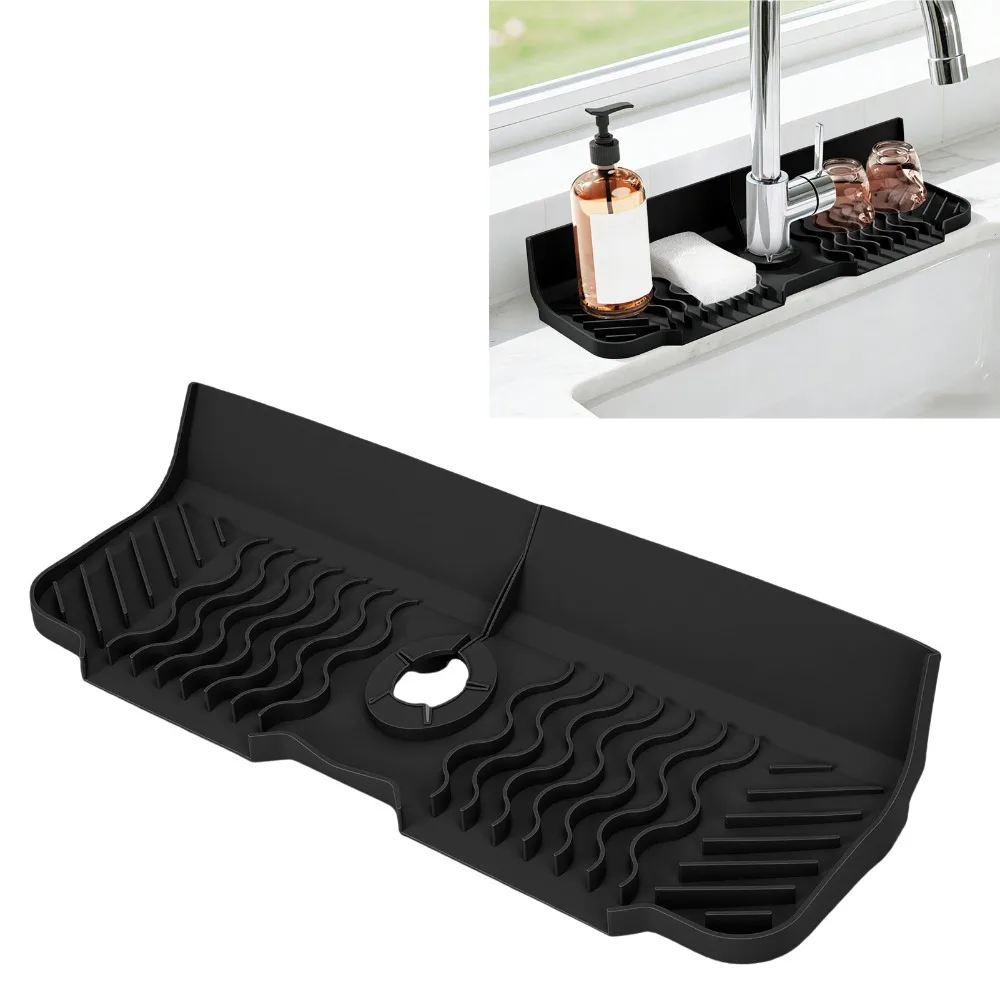 Silicone Silicone Faucet Mat Grey Black Water Draining Draining Drying Tray Multifunctional Adjustable Hole Design