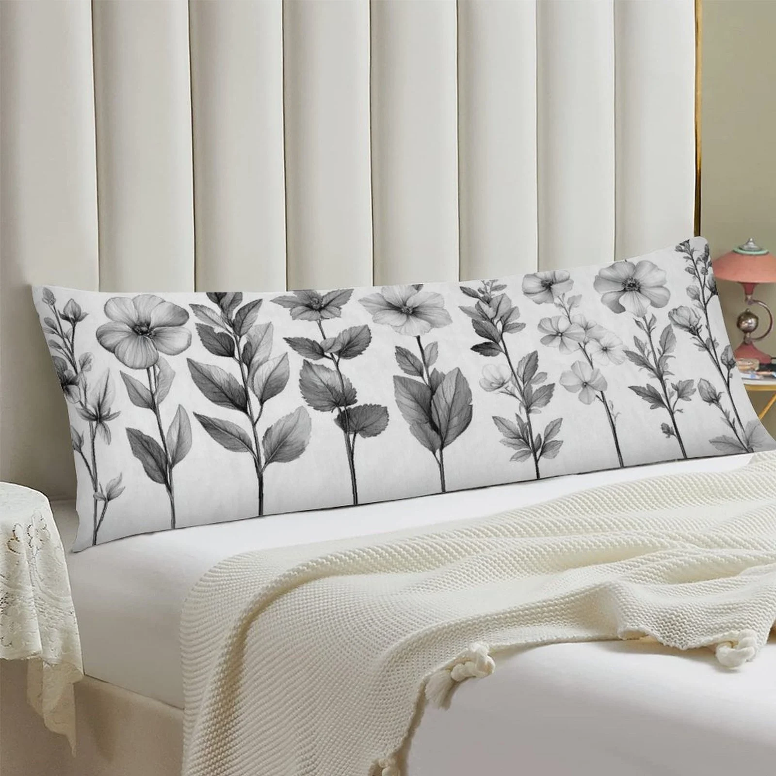 Extra Long Bolster Pillow Cover - Oversized Mattress Cover with Zipper Closure, Soft Plush Solid Floral Print Black/Gray/White/B