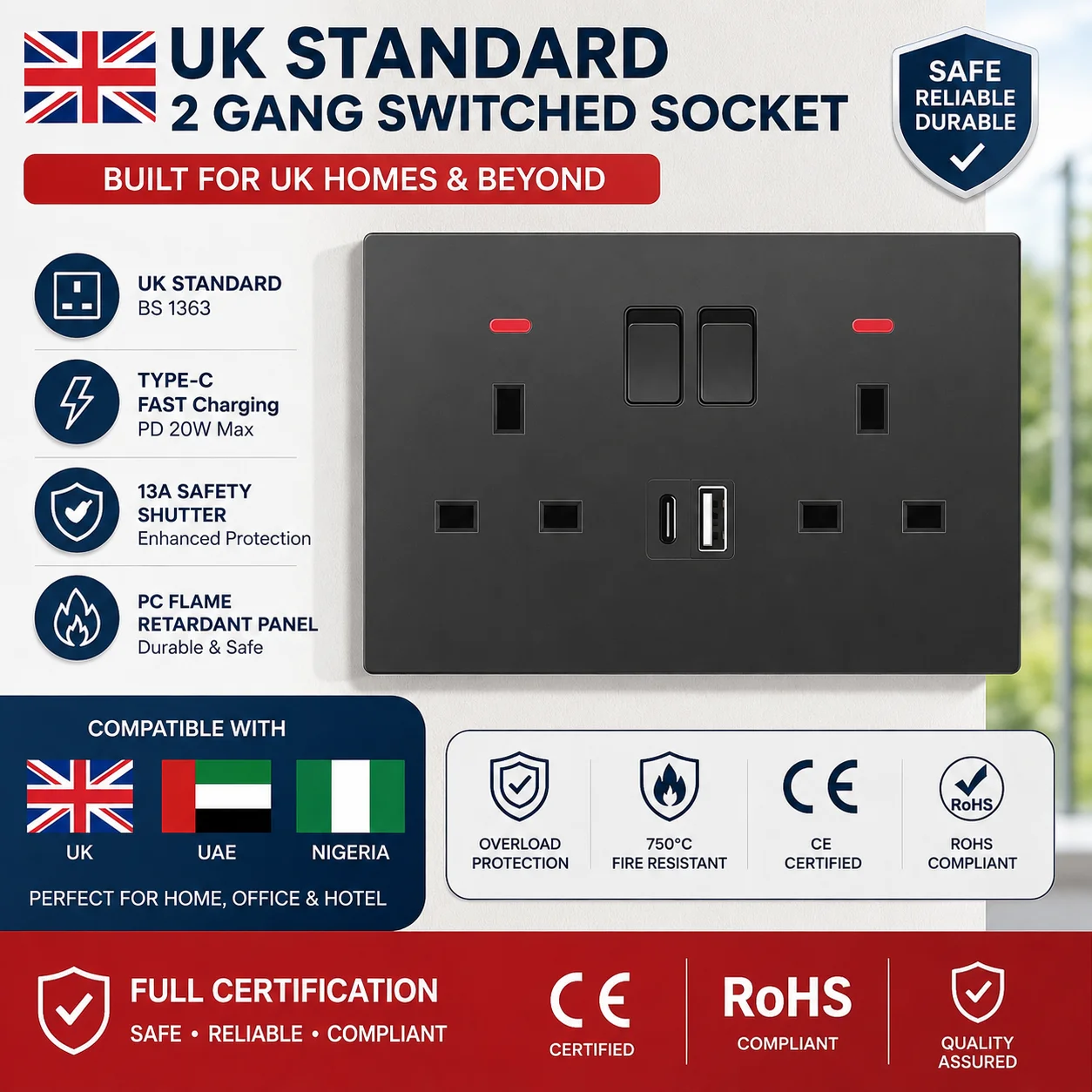 Black UK Standard Wall Socket Switch Panel Type-C 18W Fast Charging 13A Usb 3.1A Wall Socket, Universal Dual 3-pin Power Outlet view 5