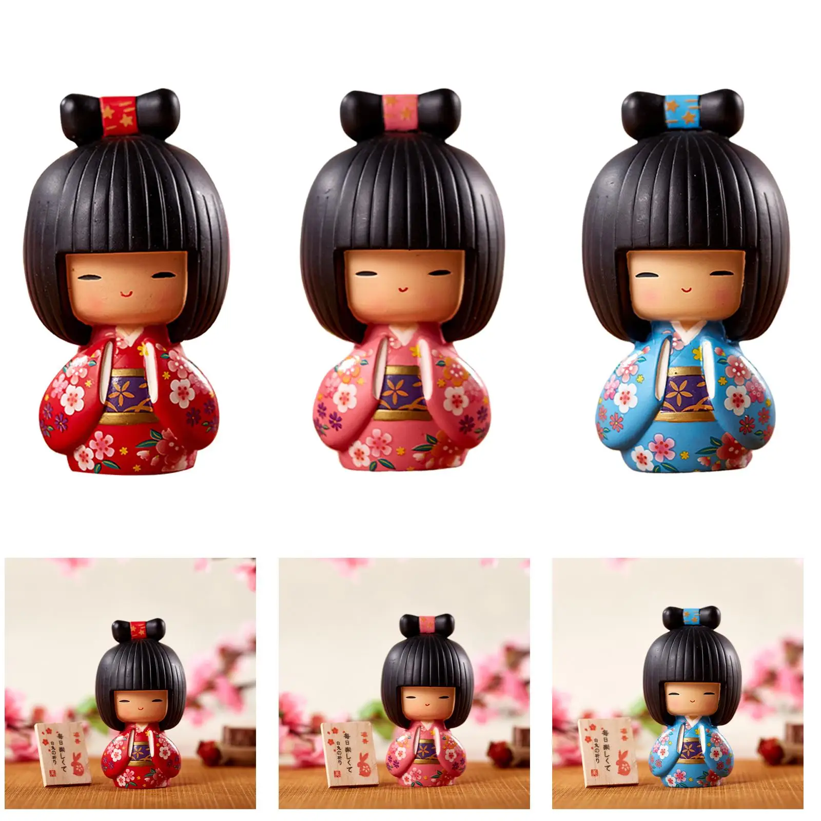 Kokeshi Dolls Miniature Kimono Ladies Hand Painting Sculpture for Decoration