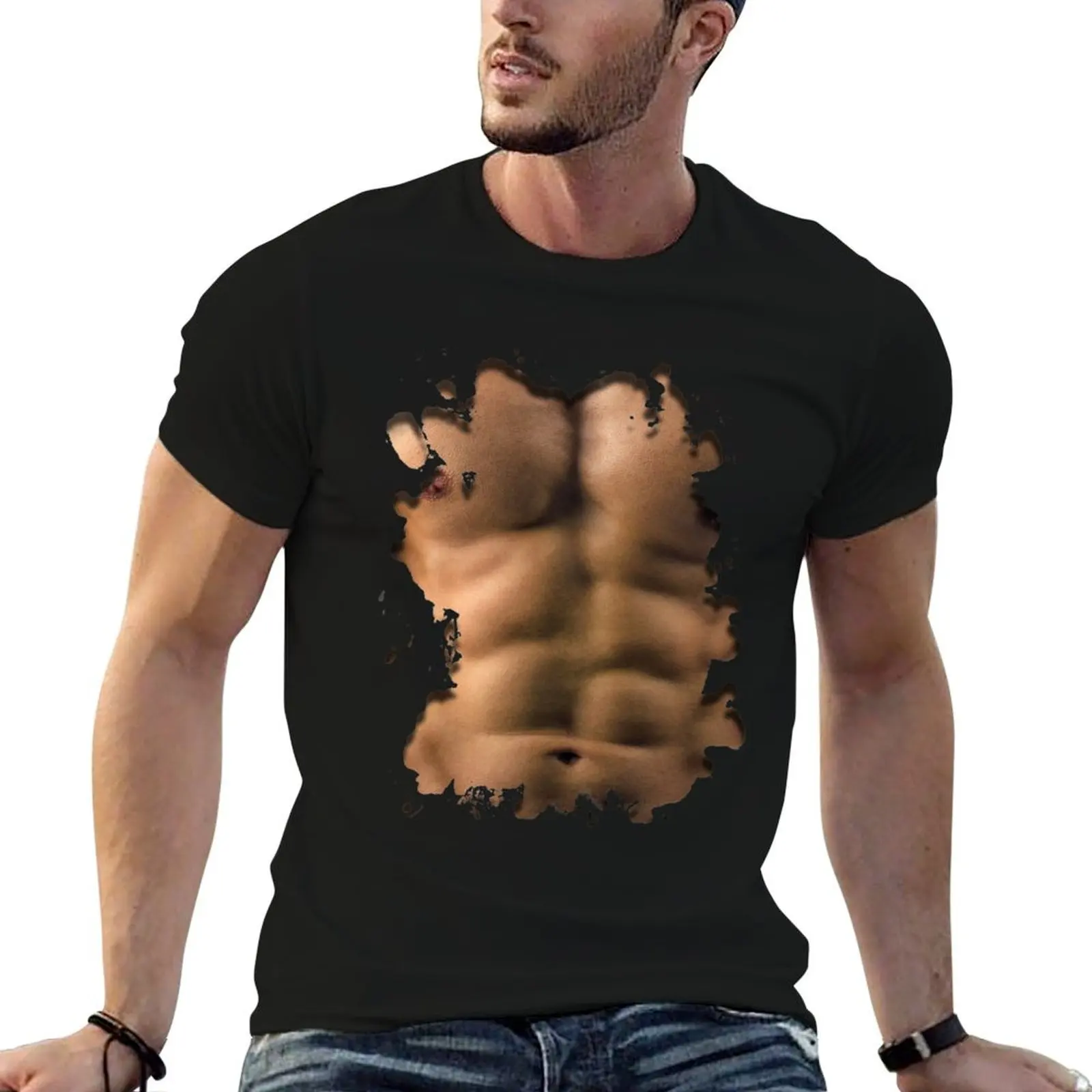 Camiseta realista con diseño de six pack y abdominales falsos, camiseta de diseñador para hombre, camiseta gráfica, camiseta personalizada