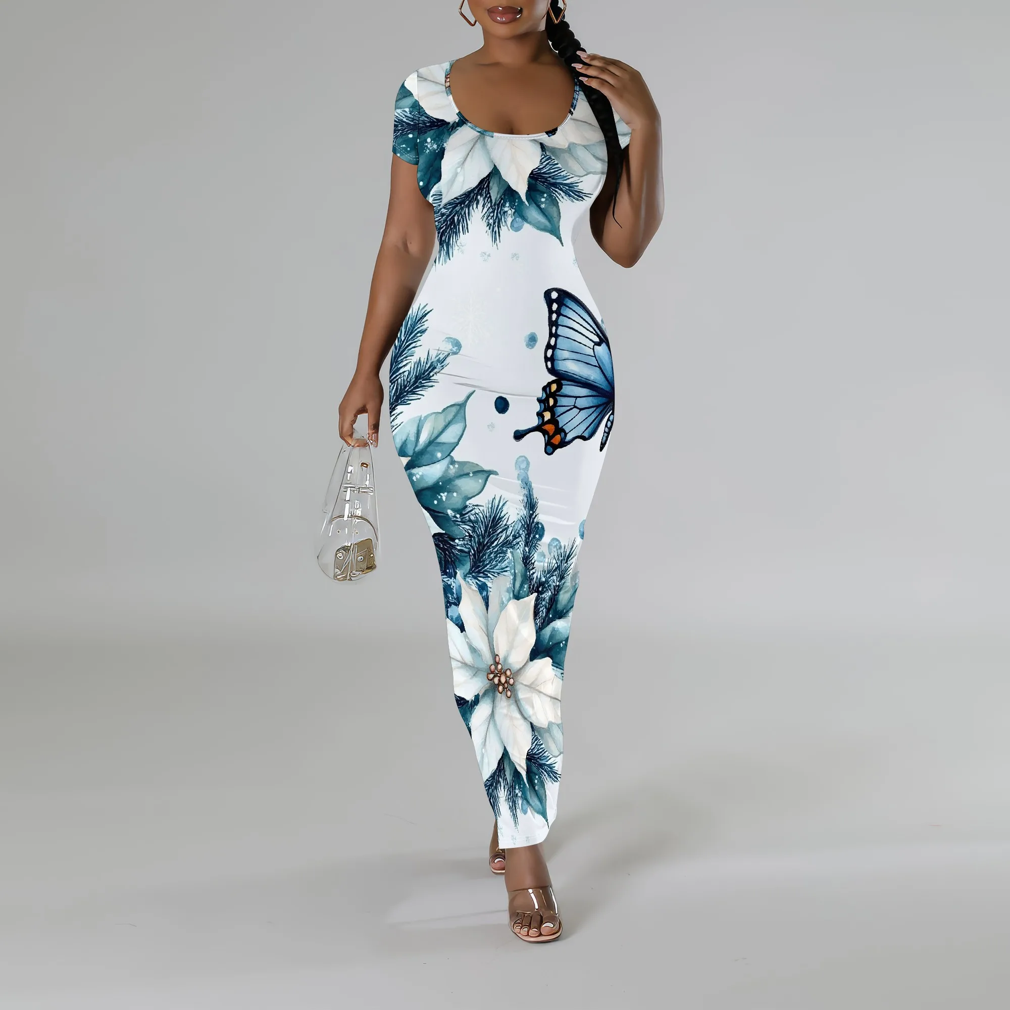 

2025 Floral Butterfly Print Maxi Dress for Women XS-3XL Slim Fit Elegant Summer Bodycon Dress for Beach Holiday Wedding