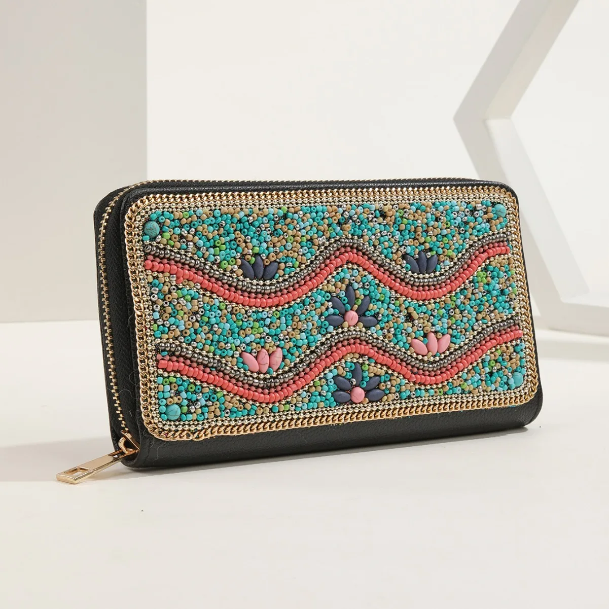 Water ripple  Pattern Handmade Beaded Wallet Women Ethnic Retro PU Clutch Purse Boho Decorative Card Holder