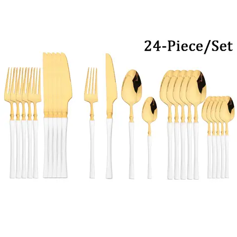 JANKNG 24Pcs White Gold Tableware Set Stainless Steel Dinnerware Spoon Fork Knife Cutlery Kitchen Food Flatware Silverware Set
