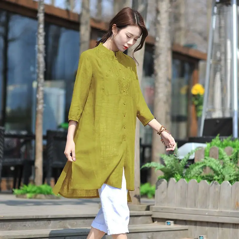 Spring Summer New Mid Length Embroidery Blouse 3/4 Sleeve Round Neck Solid Color Loose Shirt Tops Vintage Casual Women Clothing