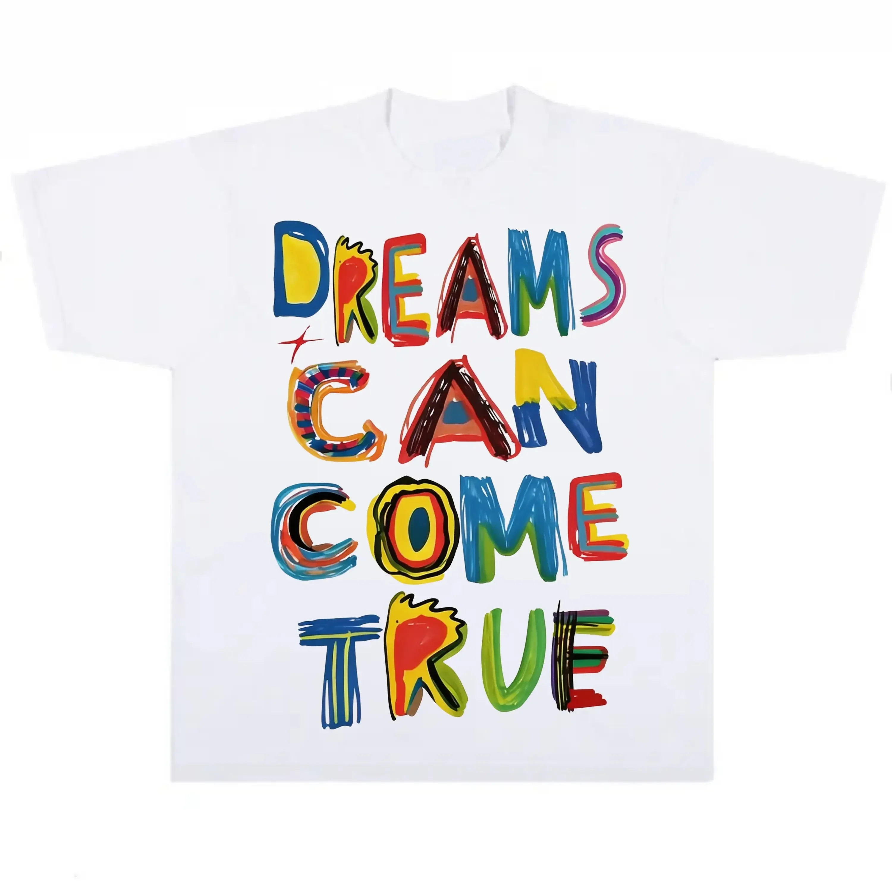 Cotton Short Sleeve T-shirt Unisex Colorful Hand Drawn Letter Print Tee 