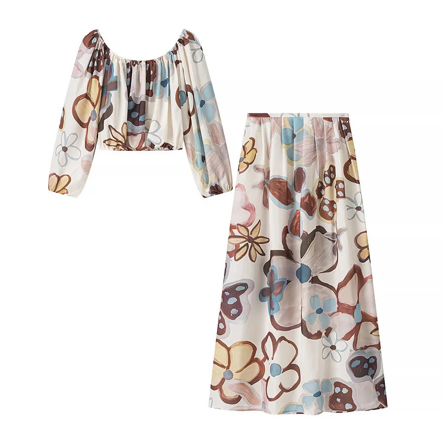 

New Summer Flower Print Holiday Suit Lady Sexy Slash Neck Crop Top + Long Skirt Beach 2pc Set Lantern Sleeve Pocket Loose Outfit