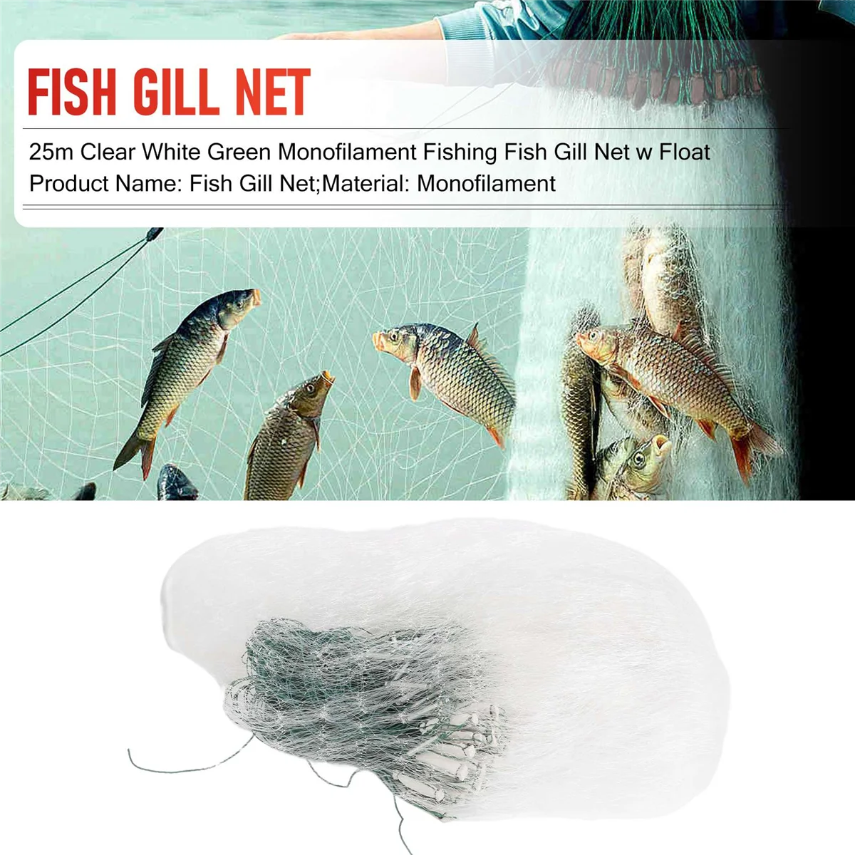 25m Clear White Green Monofilament Fishing Fish Net w Float