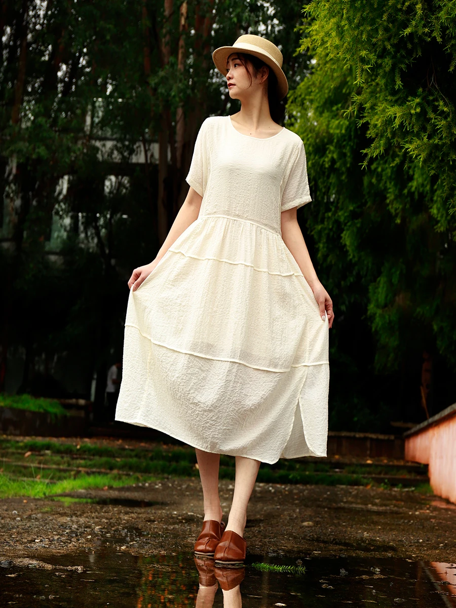 

Новое летнее женское платье миди с круглым вырезом и коротким рукавом, сшитое из хлопка, с юбкой А-силуэта, китайский бренд