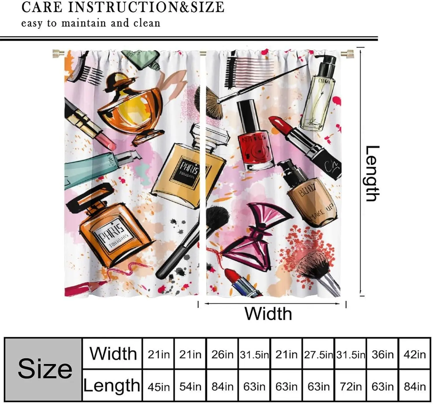 Fashion Curtains, Cosmetic and Makeup Theme Pattern Perfume Lipstick Nail Polish Brush Modern Window Drapes for Living 2 Panels