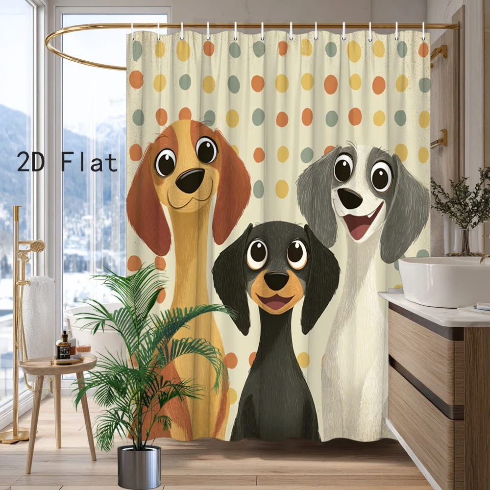 Cute Dachshund Dog Shower Curtain, Funny Cartoon Puppy Print Waterproof Bath Curtain, Polka Dot Bathroom Decor for Kids