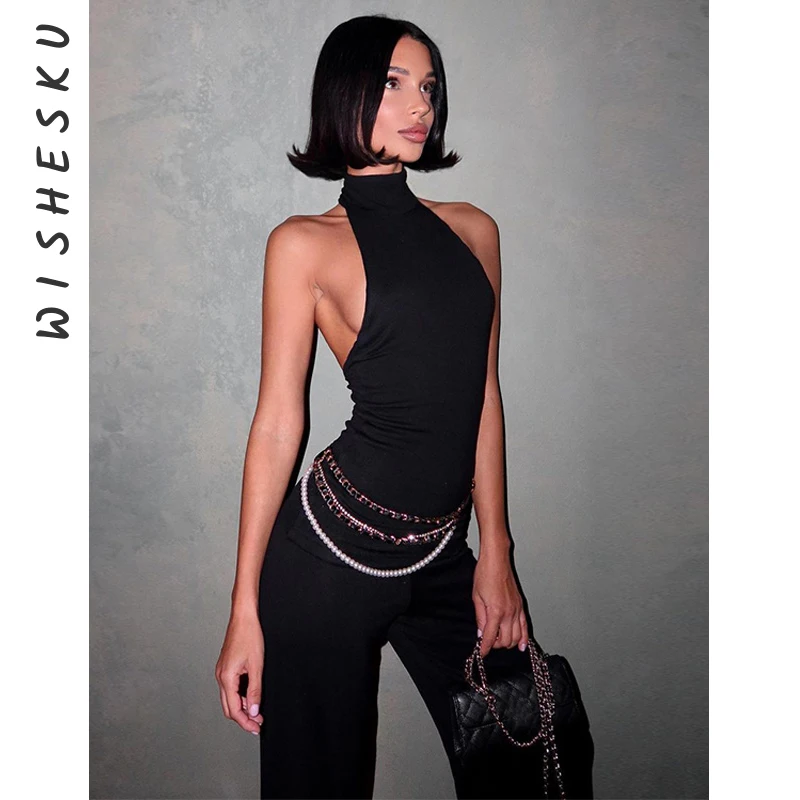 

Two Piece Set Women Black Goth Tracksuits Sexy Halter Backless Off Shoulder Top+High Waist Flare Pants 2024 Spring Summer
