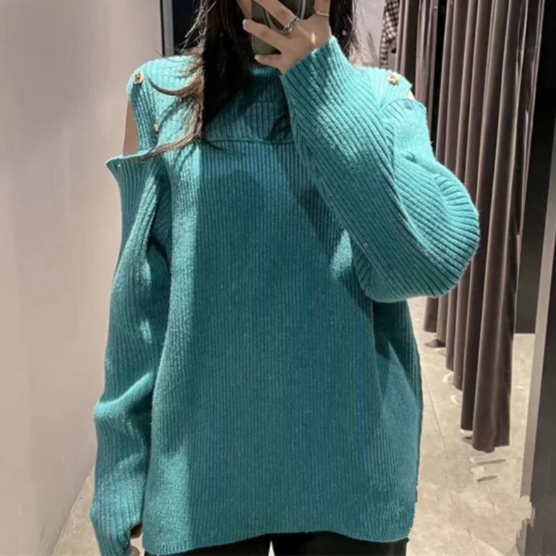 Neploe Solid Color Long Sleeve Sweaters JAPAN Jersey Mujer Pull Femme Stand Neck Hollow Out Off-shoulder Chic Buttons Jumpers