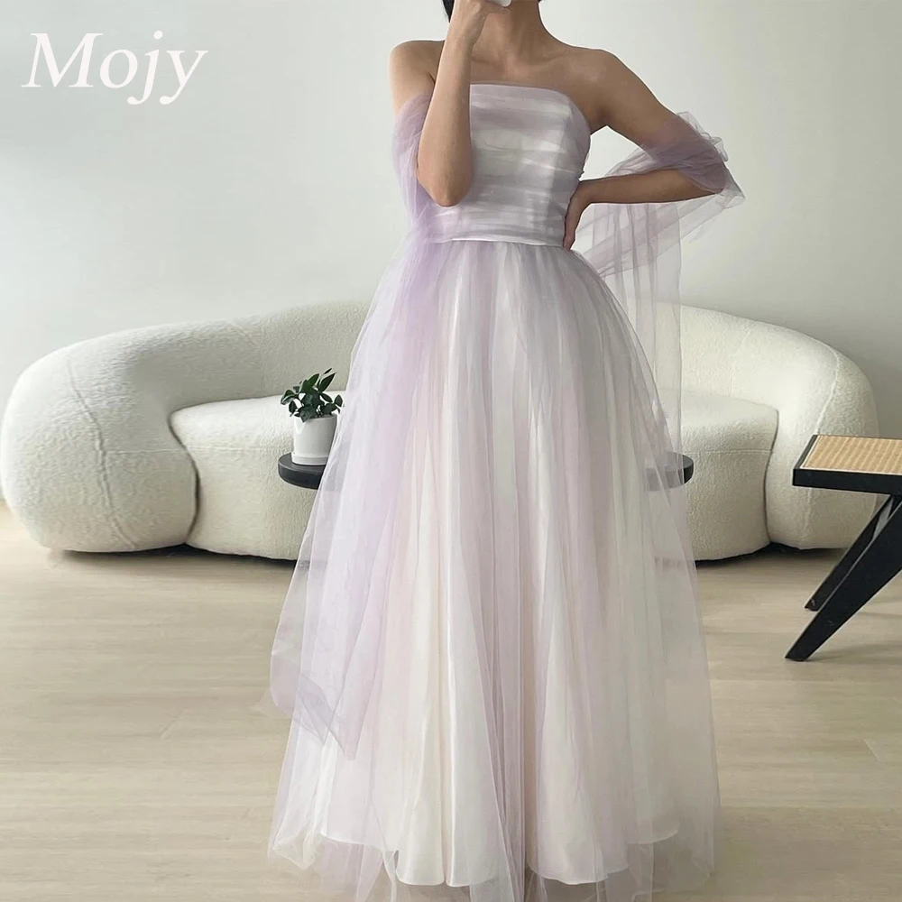 

Mojy Purple Simple Prom Dresses Sleeveless Tulle Strapless Photo Shoot Backless Korea 무도회 드레 Party Gown Dress Customized