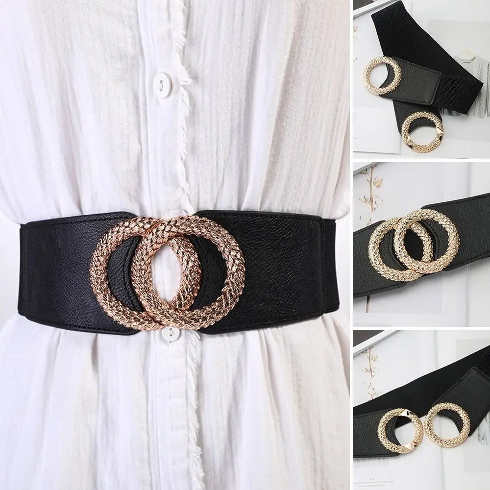 Vintage Casual Elastic Leather Waistband Luxury Wide Belts Gold Buckle Corset Band Stretch Cummerbunds