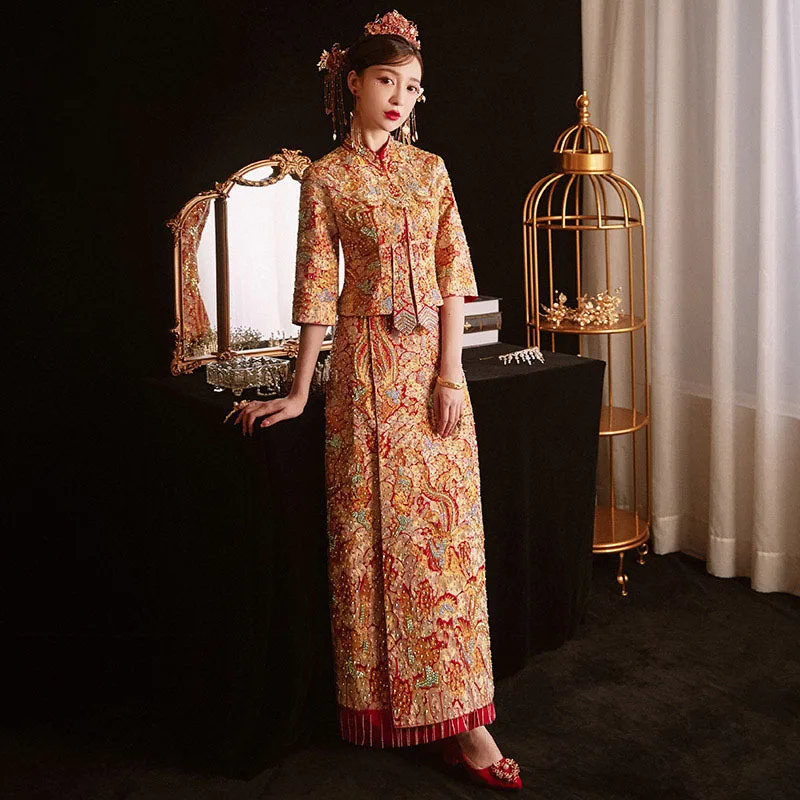 Yourqipao الصينية Xiuhe الملابس 2023 جديد التنين والعنقاء فساتين الزفاف التقليدية القديمة شيونغسام زي العرائس مجموعات