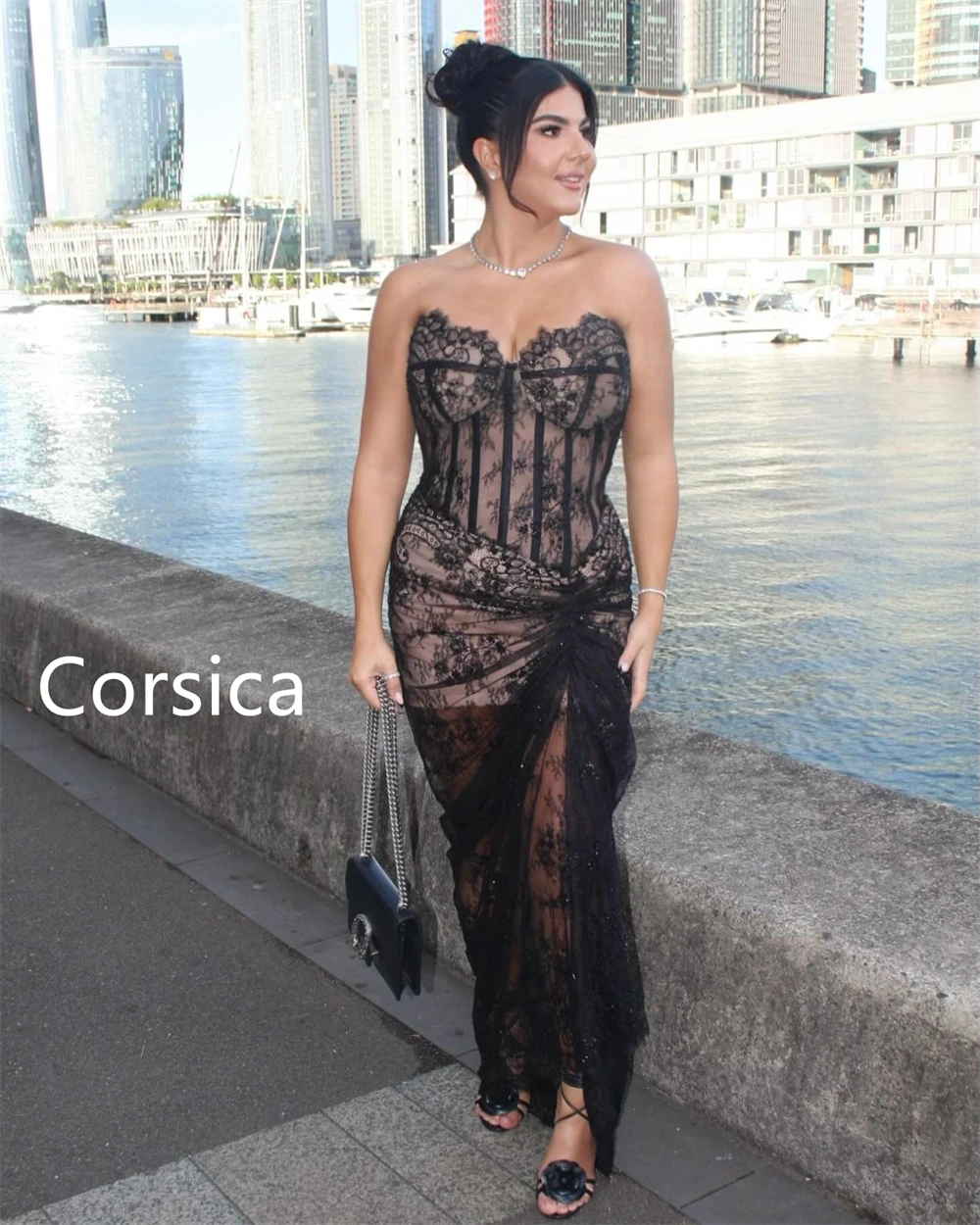 فستان سهرة دانتيل أسود حديث مخصص كلاسيكي بدون حمالات بدون أكمام لحفلات العودة للوطن أنيق سويب تراين فيستدو دي فيستا