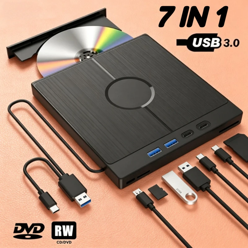 多機能7in1-usb-30-type-c-外付けcd-dvd-rw光学式dvdドライブプレーヤー-バーナー-リーダー-ノートパソコン-windows-mac-pc対応