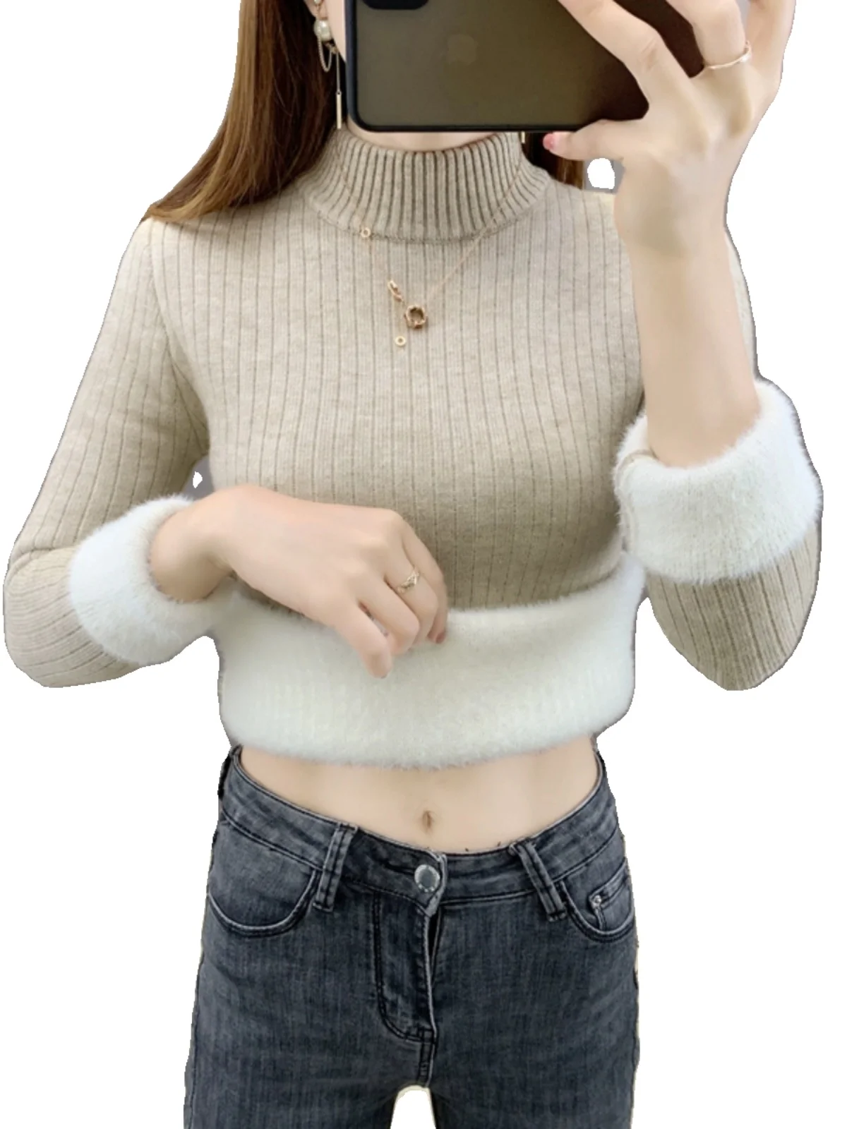 Damen-Pullover mit Fce-Futter, f-Futter, hoher Kragen, Herbst und Winter, warm, schmale Passform, Samt, eng anliegendes Oberteil, Basis irt