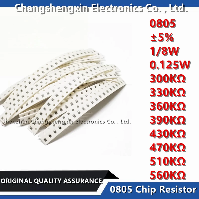 100 buah 0805 Resistor Chip SMT toleransi ± 5% 1/8W 0.125W tahan 300KΩ 330KΩ 360KΩ 390KΩ 430KΩ 470KΩ 510KΩ 560KΩ Ohm