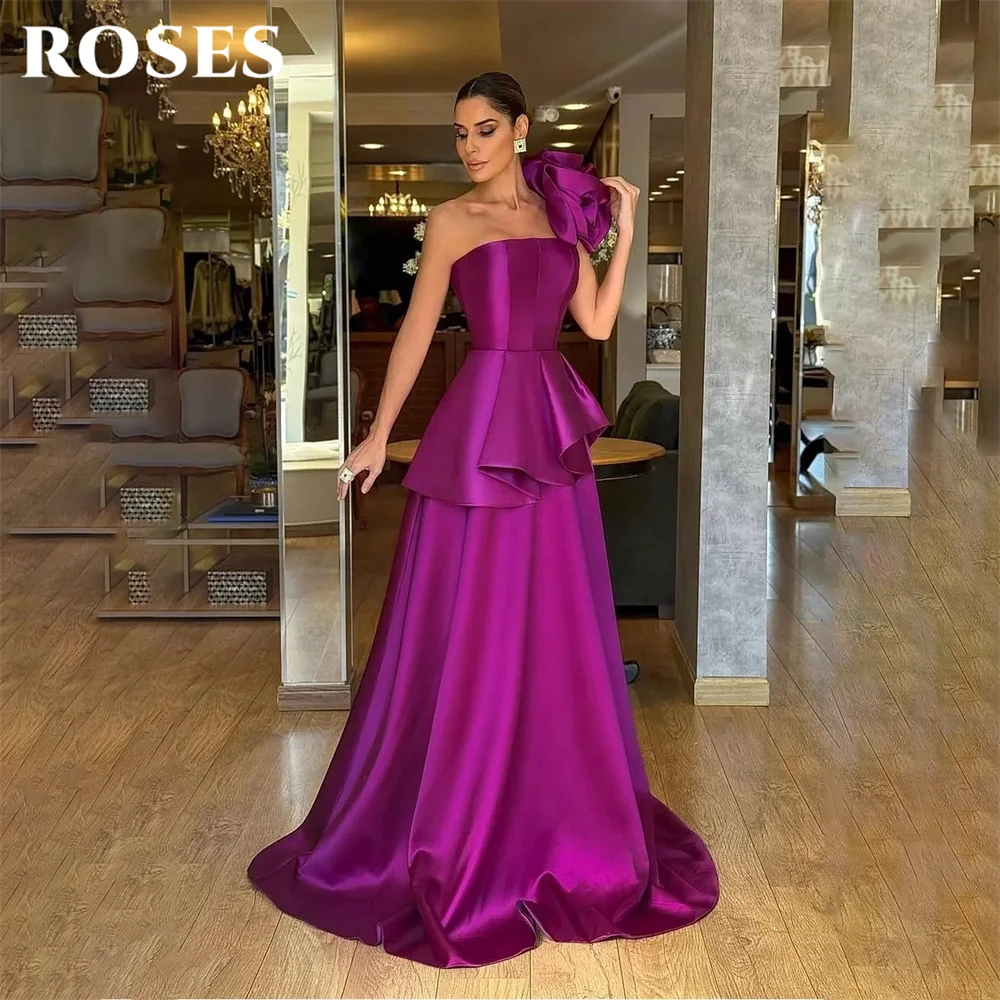 

ROSES Purple 프롬 드레 One Shoulder Sleeveless Prom Gown A Line Satin Party Dresses for Formal Event Pleated Modest Customized