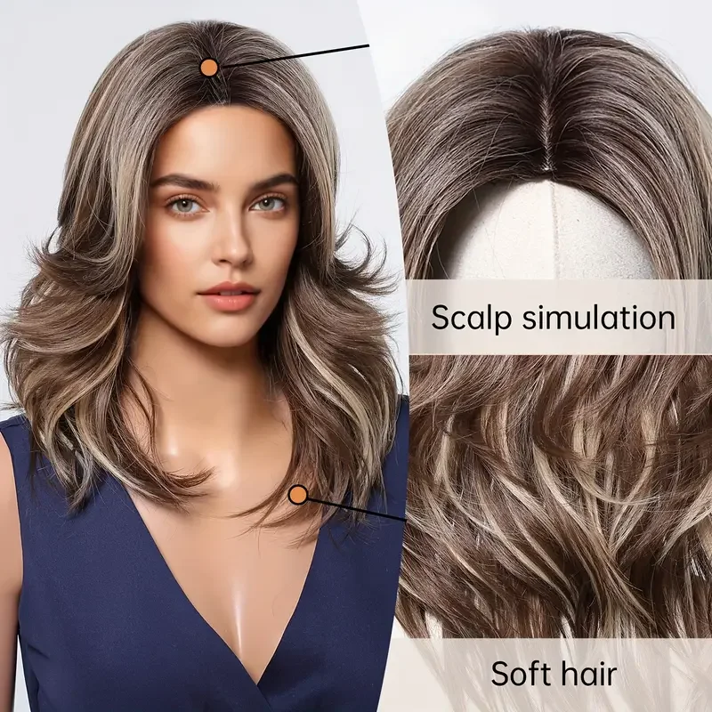Brown Blonde Highlights Wigs Medium Length Wavy Fake Hair For Women Daily Use Natural Middle Part Heat Resistant Synthetic Wigs image 2