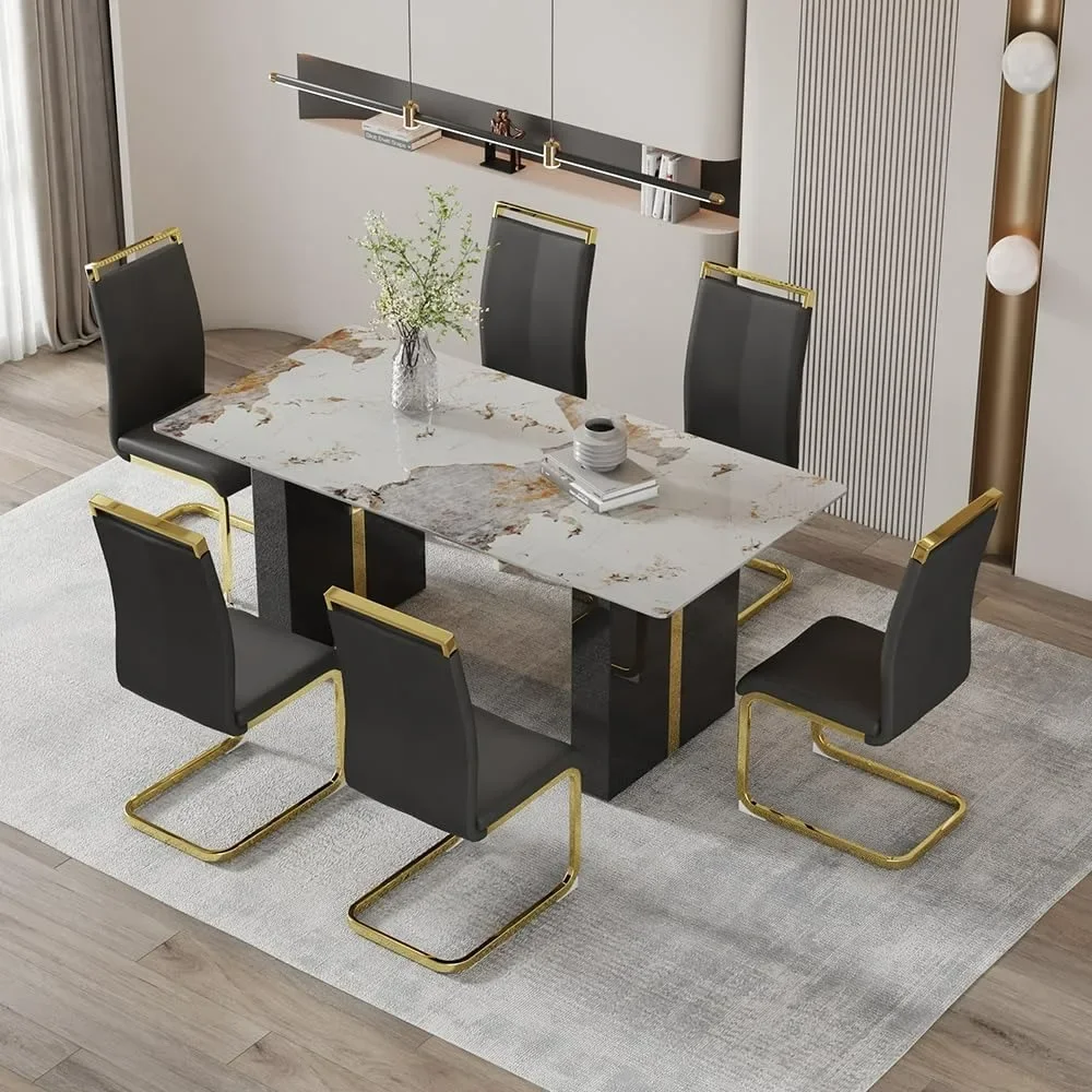 71'' Modern Dining Table Set for 6 Kitchen Faux Marble Table and PU Leather Chairs Set of 6 for Kitchen, Dining, Bar,Living Room