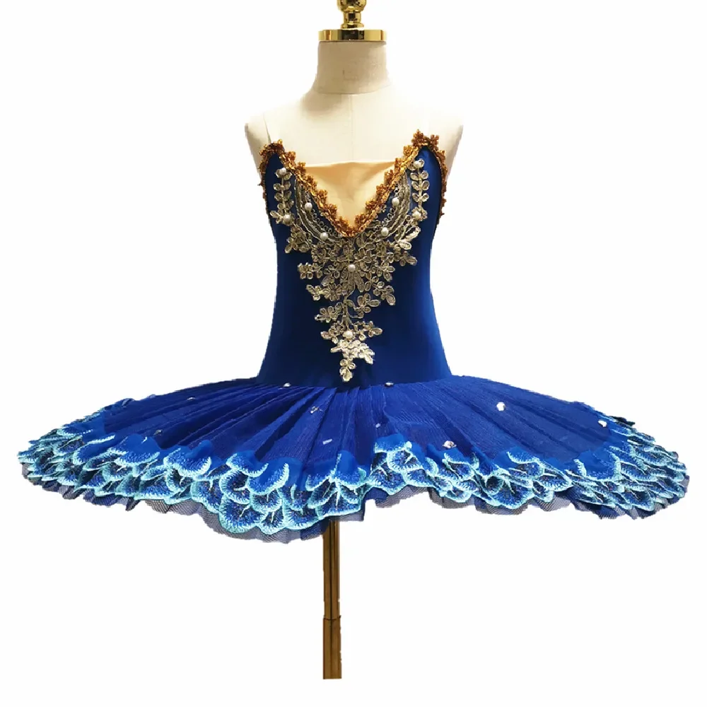 Saias tutu de balé azul para bailarina, trajes de performance do lago dos cisnes, panqueca, roupa de dança