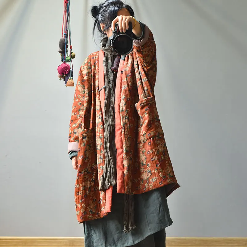 

Женские винтажные парки с принтом средней длины, топ с v-образным вырезом на одной пуговице, пальто с большими карманами, новинка зимы 2025, теплая женская одежда