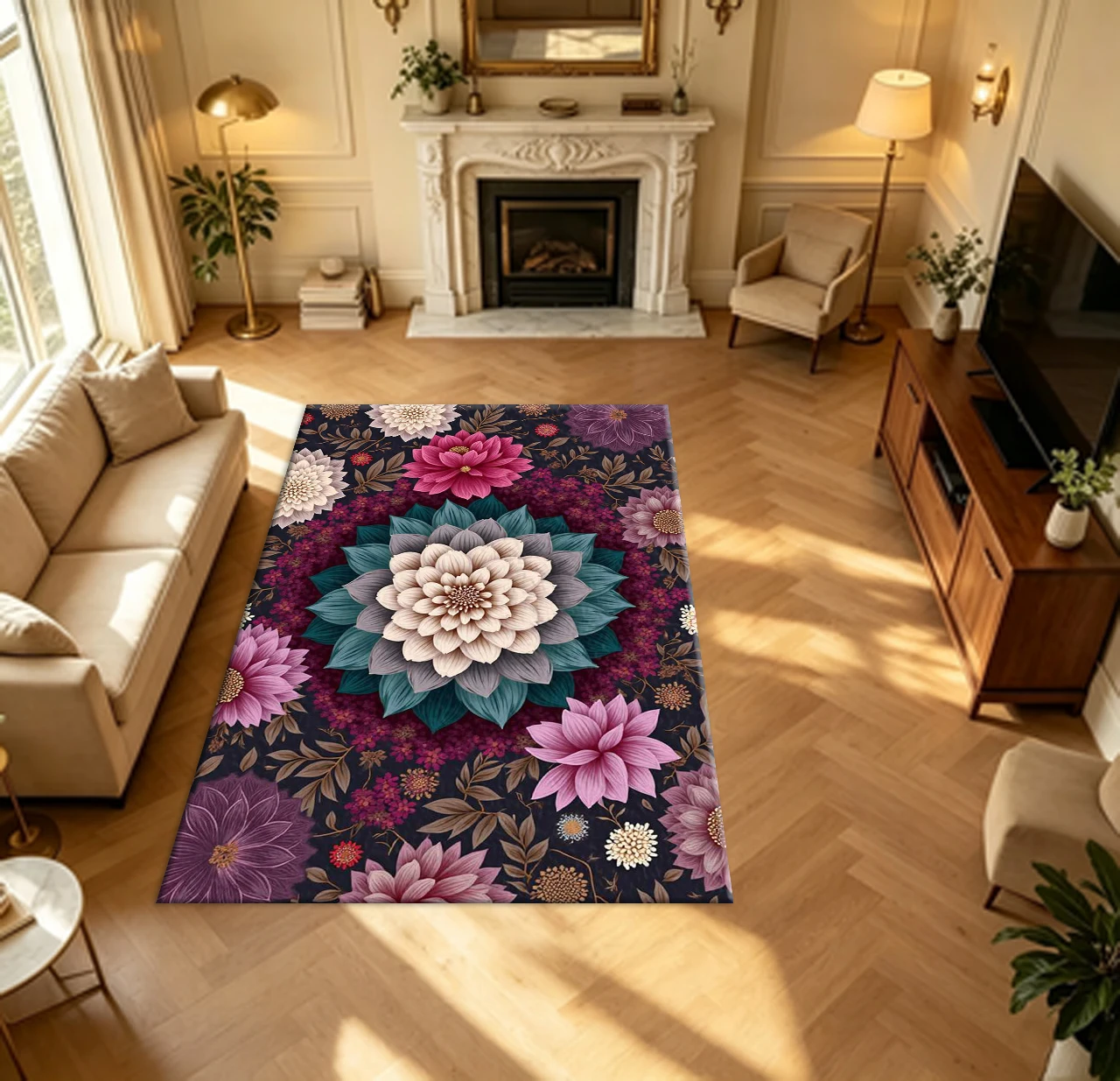 Dark Background Dahlia Floral Carpet Flooring Bohemian Botanical Household Indoor Decor Area Rug