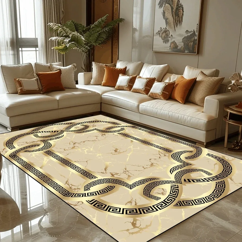 Luxury Large European Style Rug—Black Gold Living Room Sofa Carpet, Non-Slip Easy ToClean for Coffee Tables Carpet Bedroom Decor