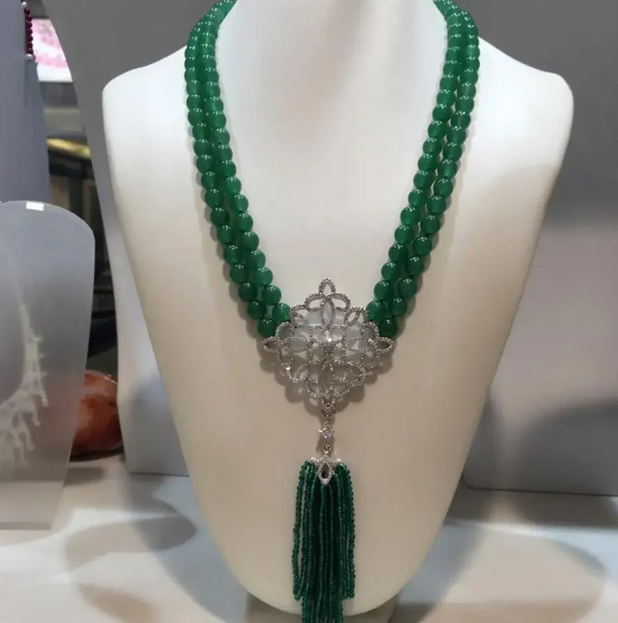 Fine jewelry   New style 2rows green stone tassel necklace micro inlay zircon accessories clasp Fine jewelry