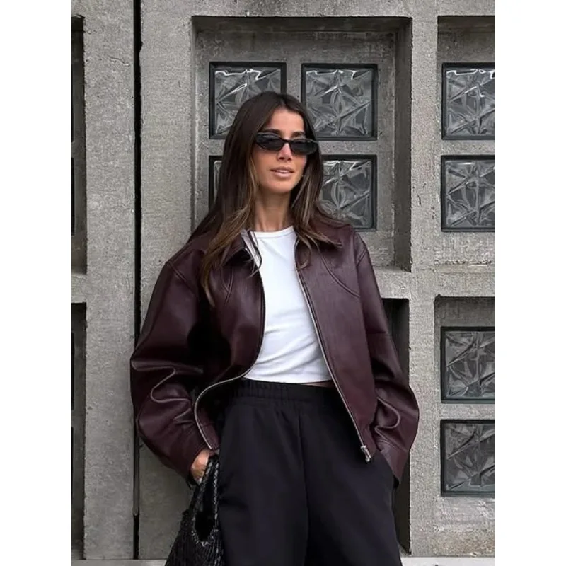 Lapela de couro curto casaco retro feminino zíper manga longa jaquetas femininas 2025 nova moda outono alta rua jaquetas