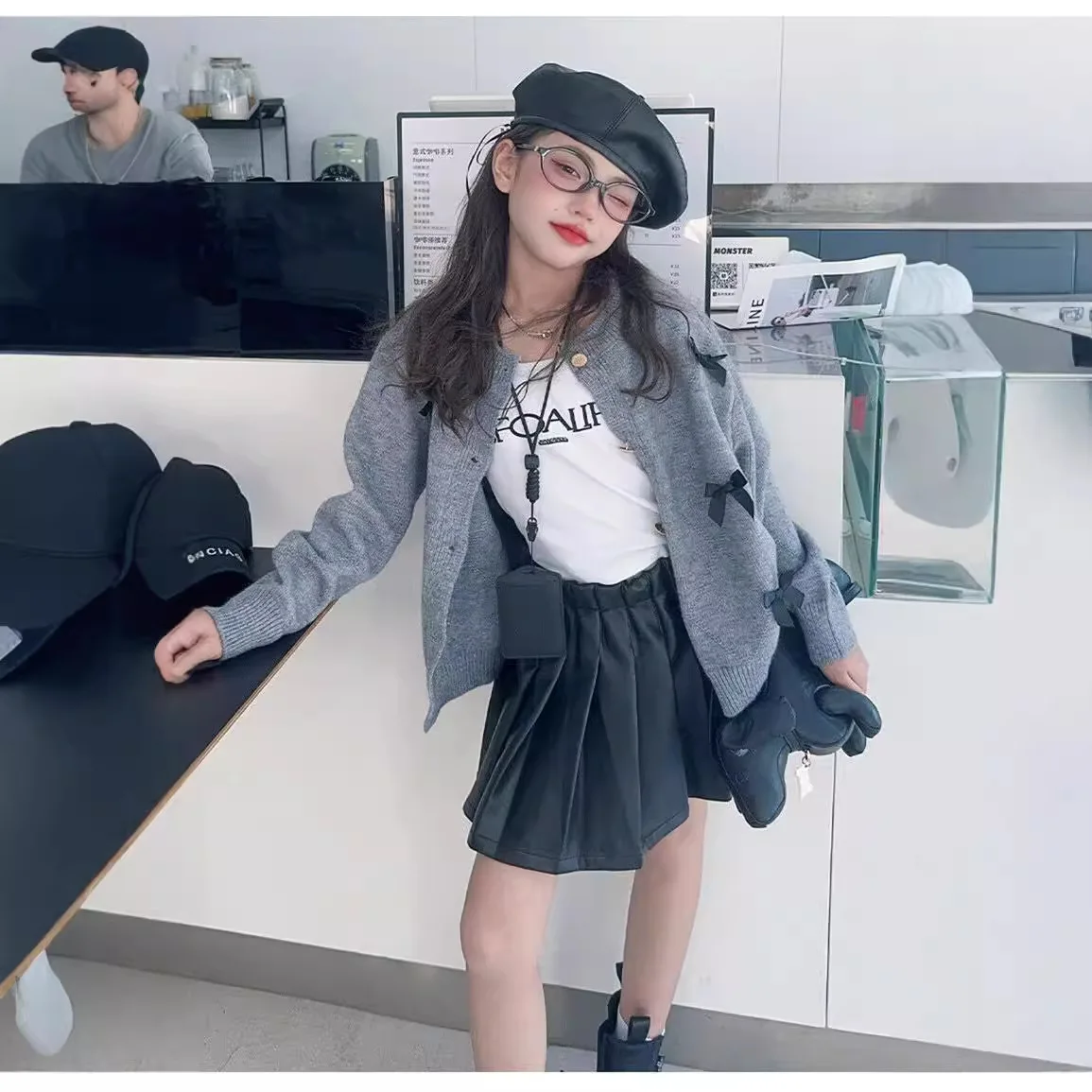 

Girls Suits Children 2024 New Autumn Collection Gray Sweater Coat and Skirt Two-piece Set Clothes European Fashion Style