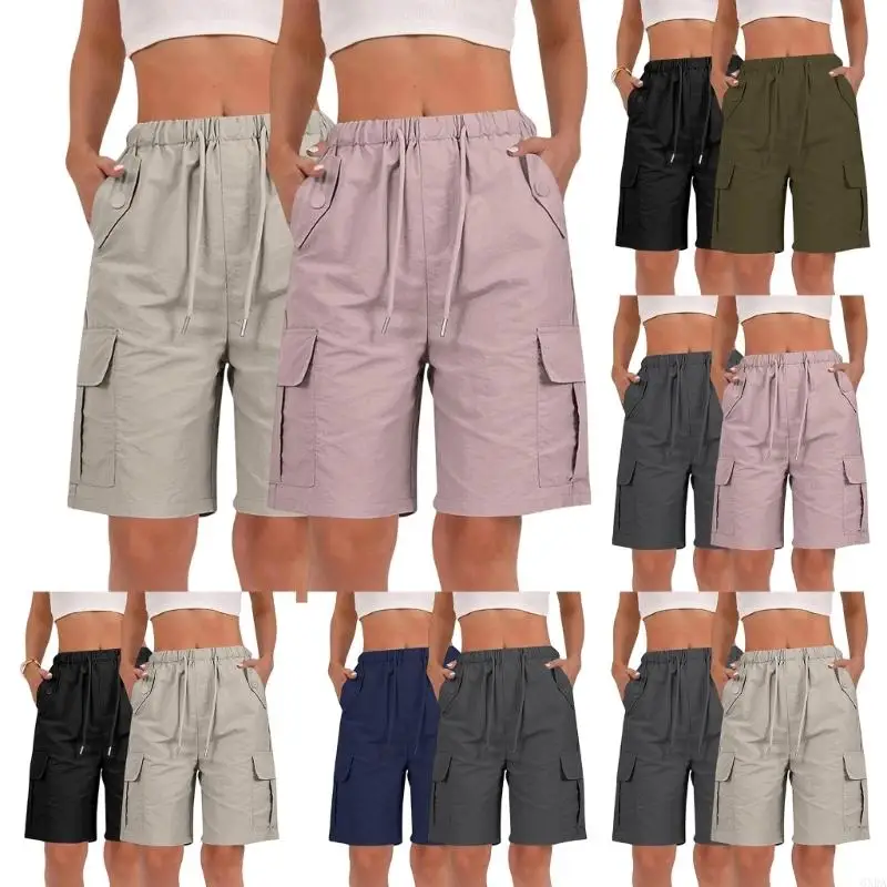 Shorts for Women Quick Dry Cargo Shorts with Pockets Outdoor Drawstring Knee Length Hiking Short 6XDA