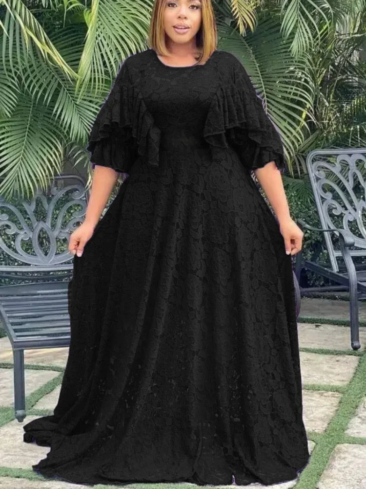 African Dresses for Women Summer African Elegant Flare Sleeve Party Birthday White Black Purple Lace Long Dress African Clothes