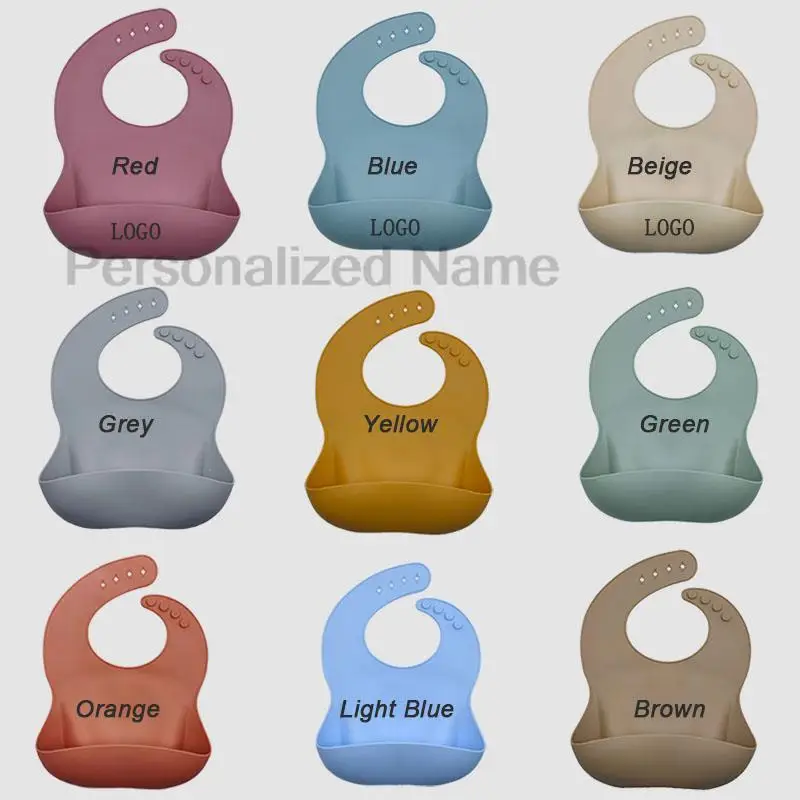 Babero de silicona para bebés y niños pequeños, Baberos impermeables de silicona suave con bolsillo receptor de alimentos para niños y niñas, logotipo personalizado gratis