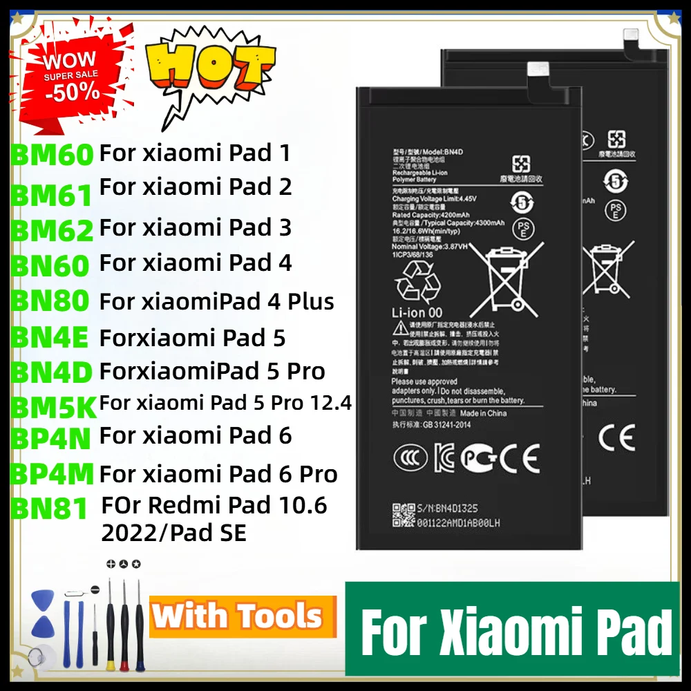 BM60 BM61BM62 Replacement Li-ion Battery for Xiaomi Pad 1 2 3 4 4 Plus 5 6 6 Pro 10.6 2022 6 Max Tablet with Installation Tools